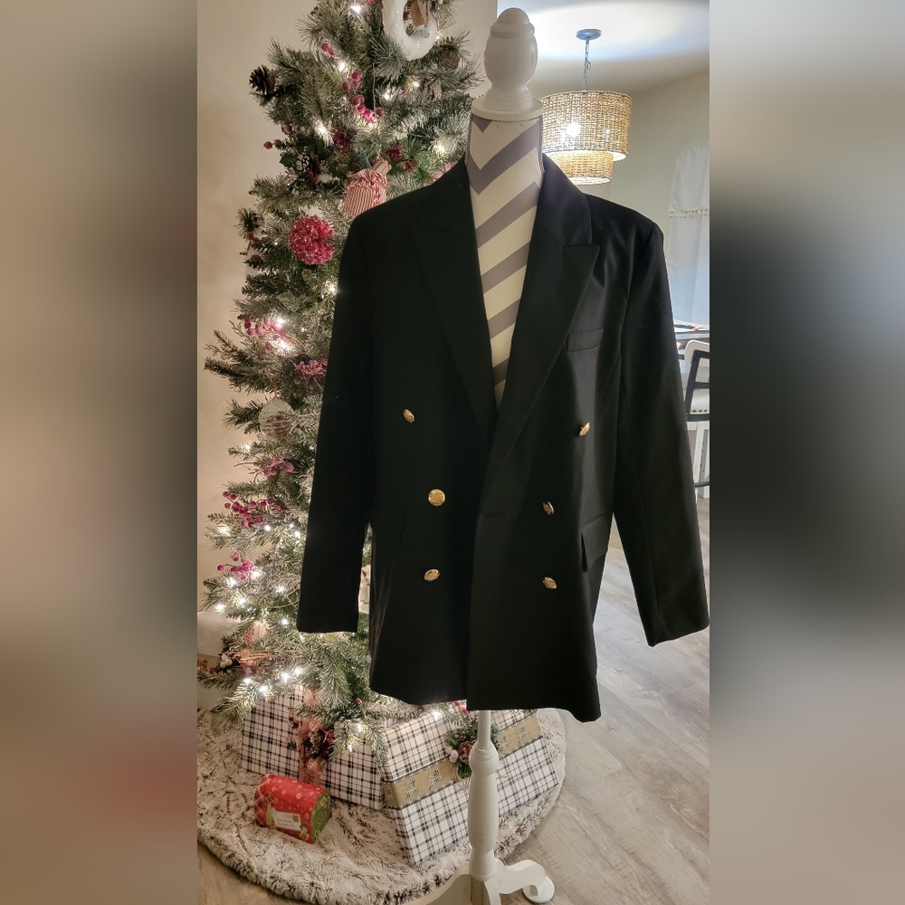 Zara NWT Double Breasted Black Structured Blazer with Gold Buttons Size Large